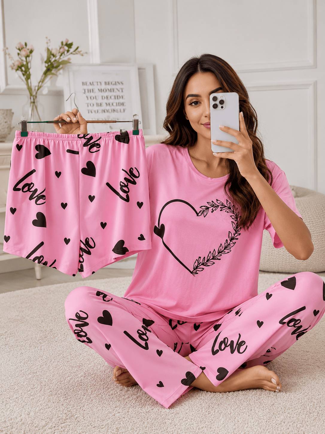 3 Piece Pink Heart Nightwear