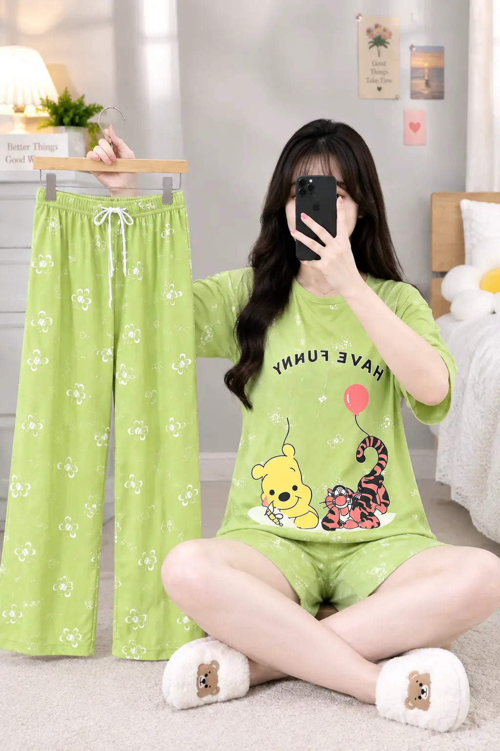 3 Piece Green Honey Bear Imported Nightwear Set