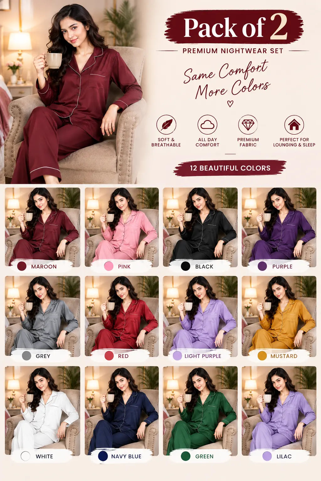 Pack of 2 Silk Pajama Set With Scrunchie