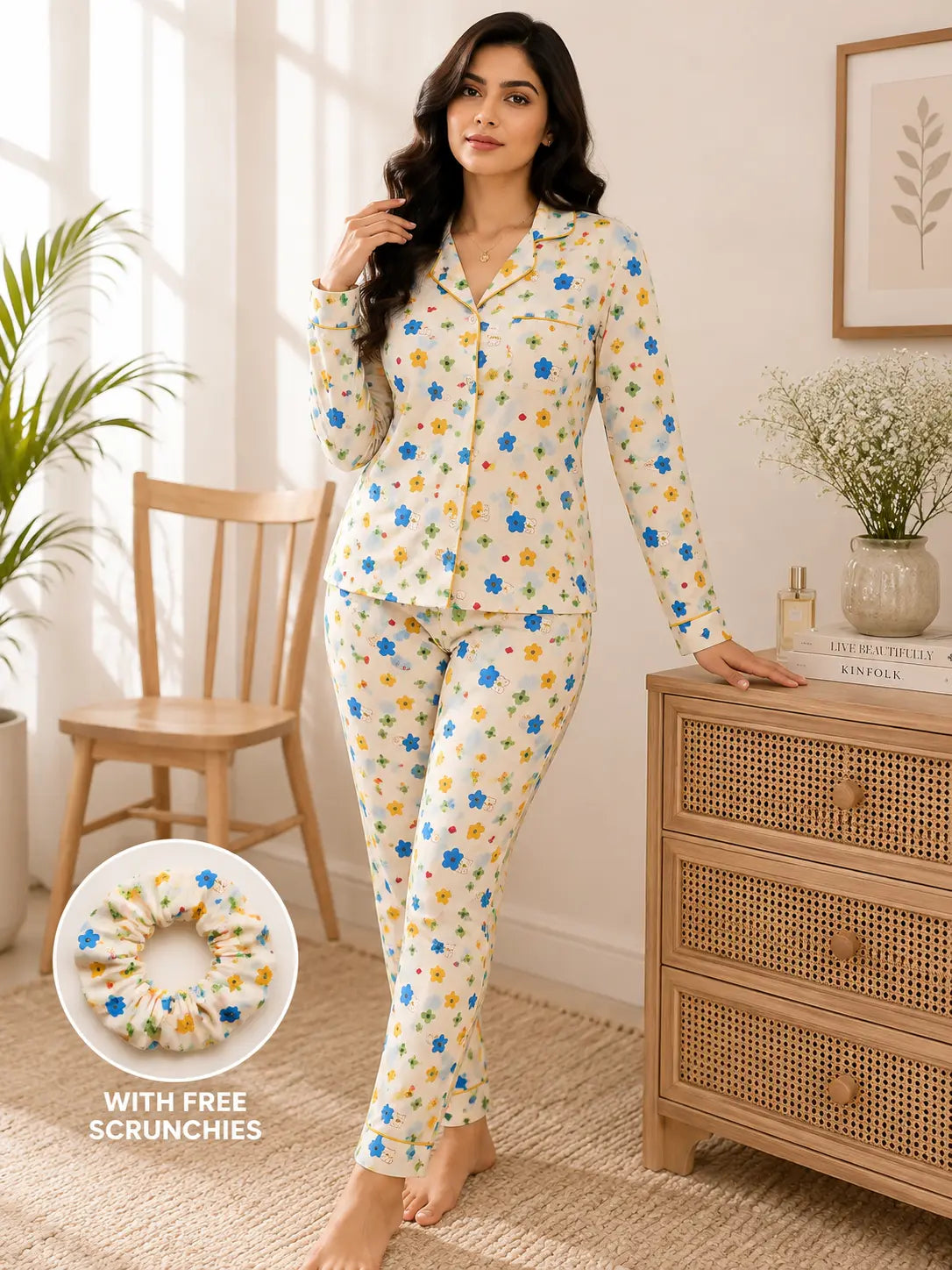 Imported Linen Printed Multi Flower PJ Set with Free Scrunchies