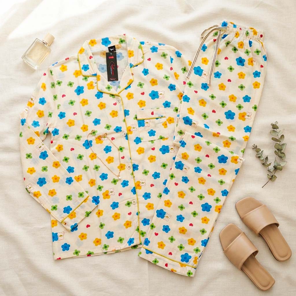 Imported Linen Printed Multi Flower PJ Set with Free Scrunchies