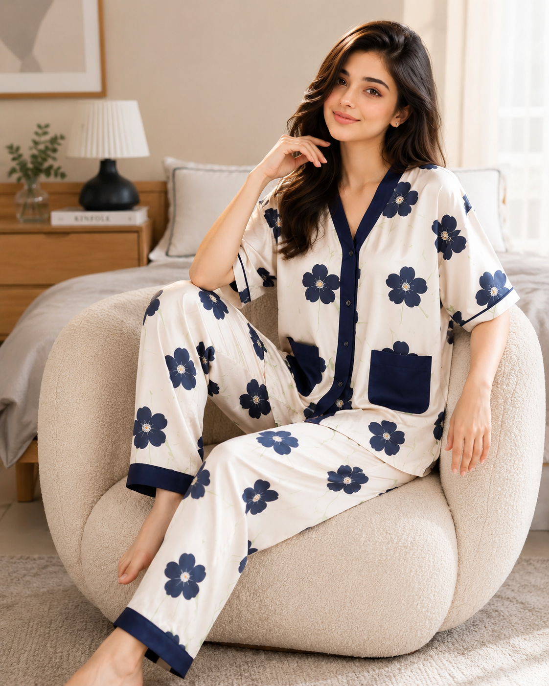 Women's Floral Printed Button-Down Night Suit Set