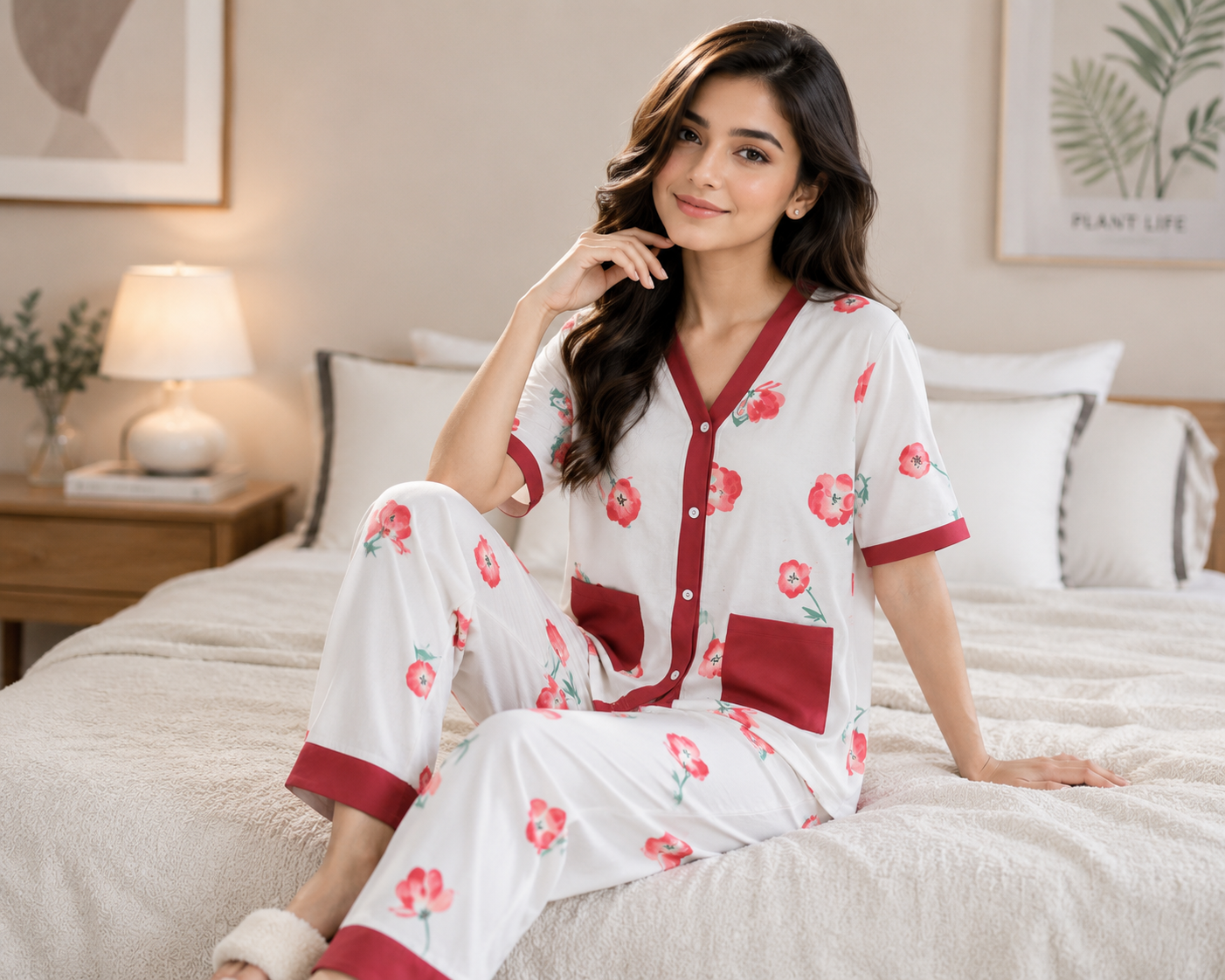 Women's Floral Printed Button-Down Night Suit Set