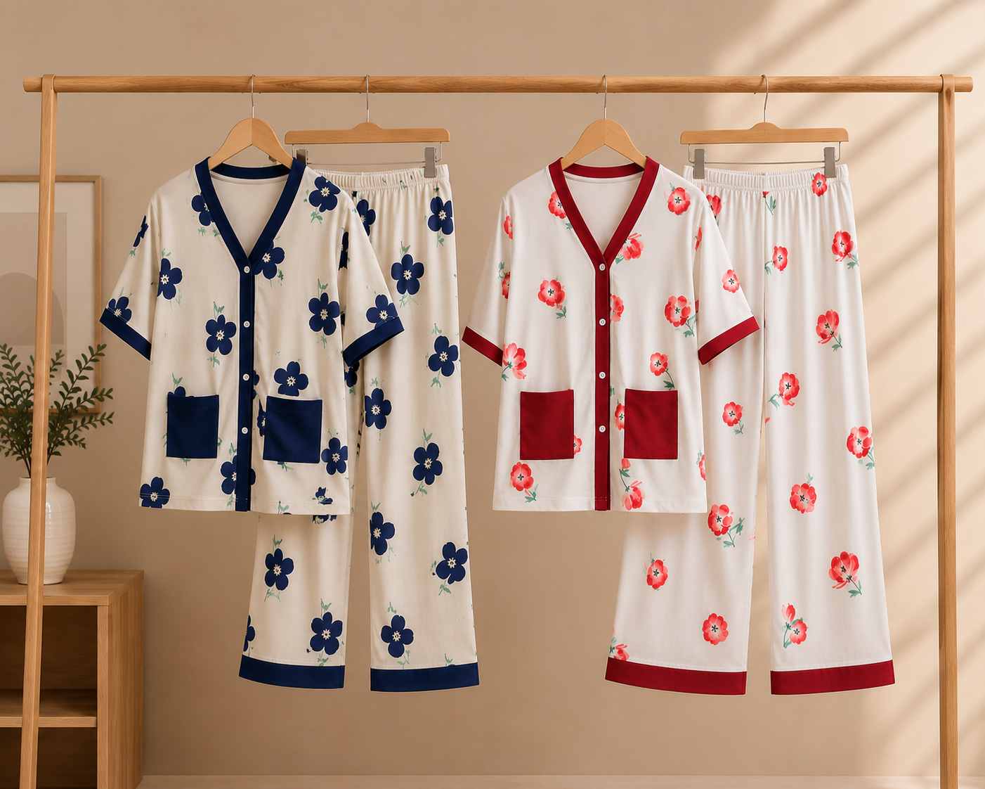 Women's Floral Printed Button-Down Night Suit Set