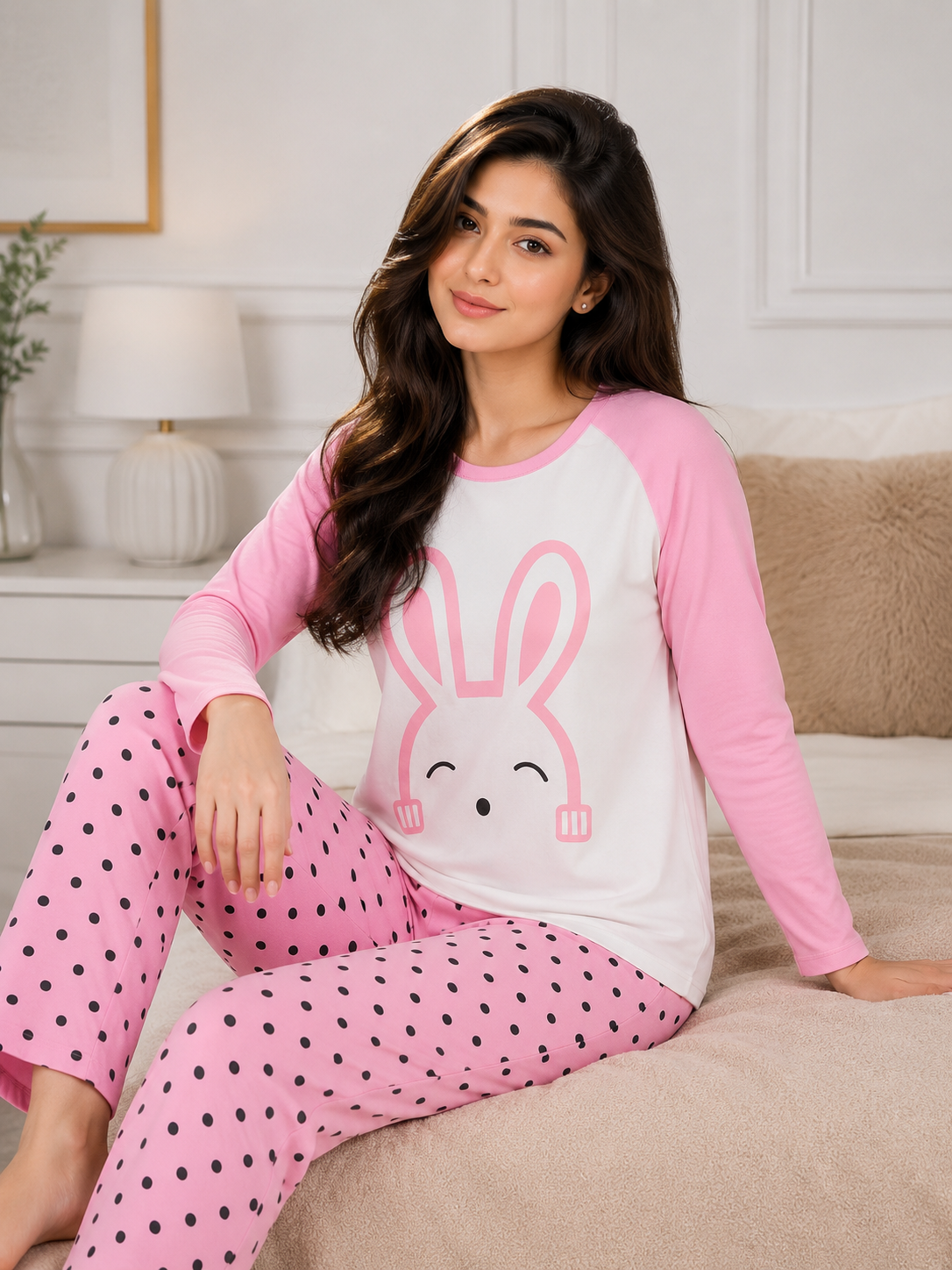 Cute Bunny Graphic Lounge Wear Set for Women
