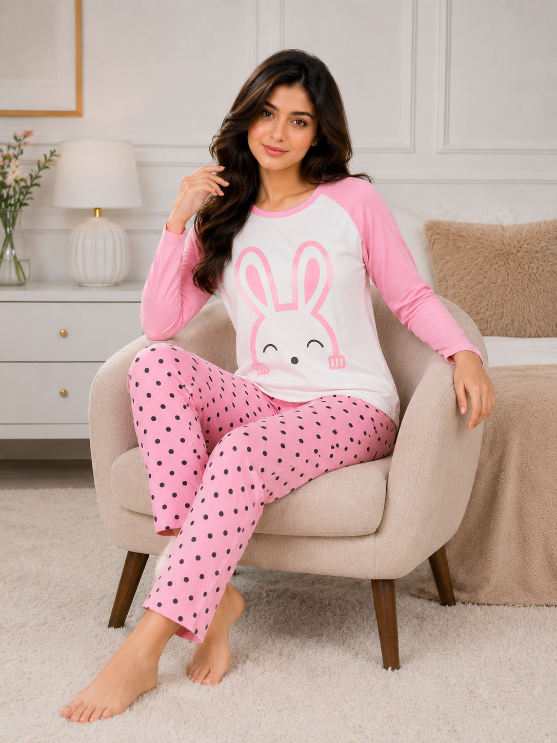 Cute Bunny Graphic Lounge Wear Set for Women