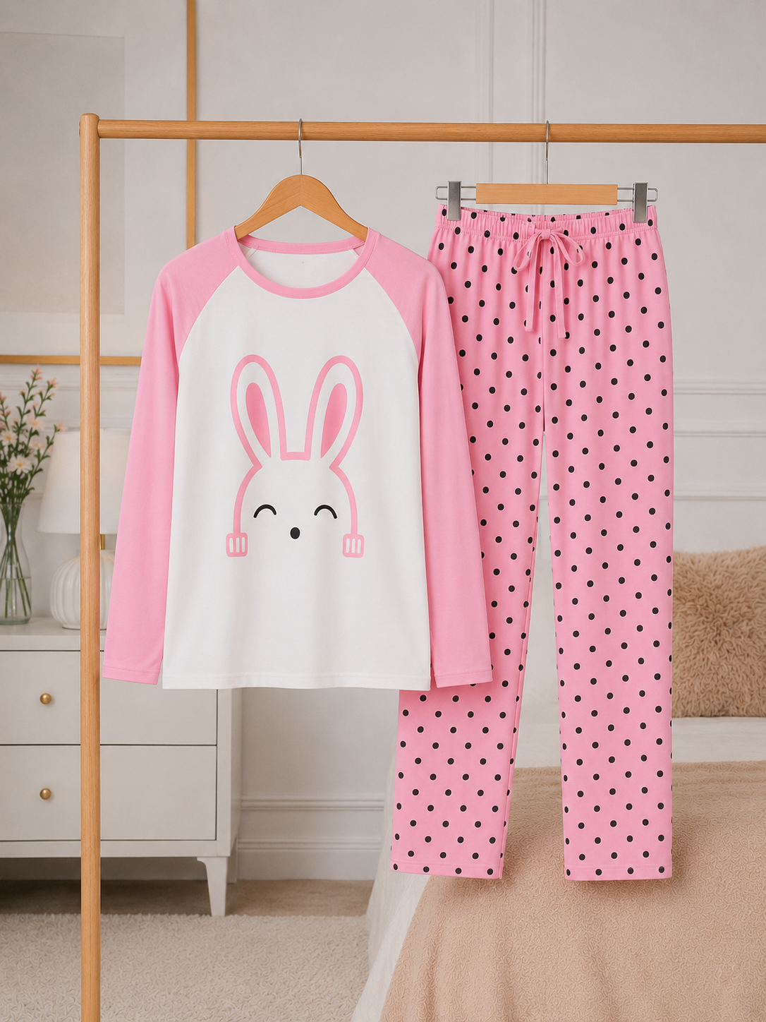 Cute Bunny Graphic Lounge Wear Set for Women