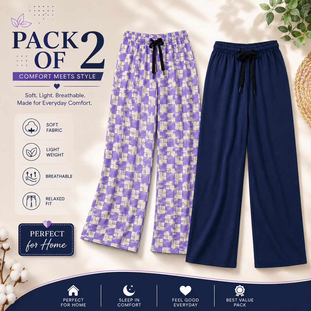 Pack of 2 Women’s Relaxed Fit Lounge Pants – Soft Fabric Home Wear