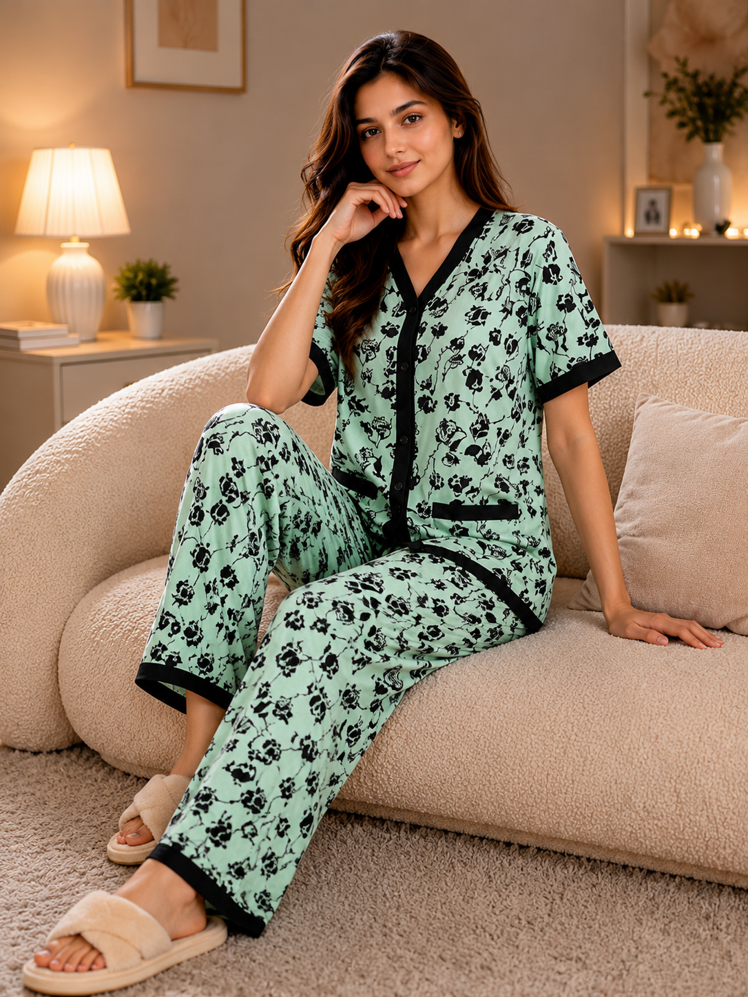 Women's Mint Floral Night Suit Set