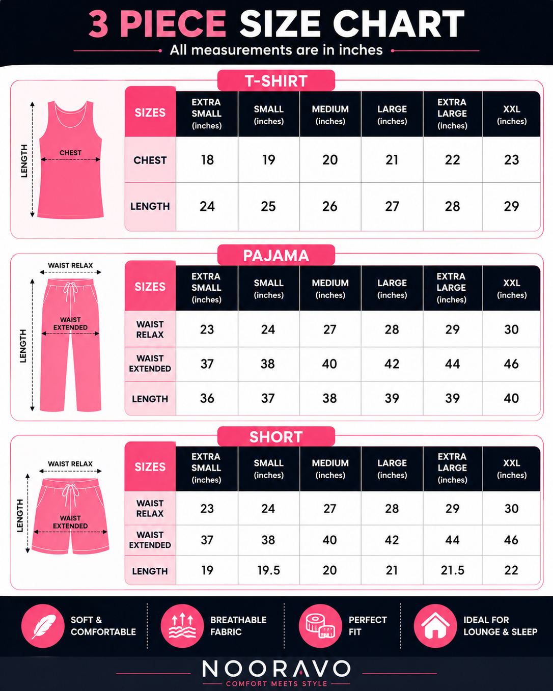 3 Piece Pink Heart Nightwear