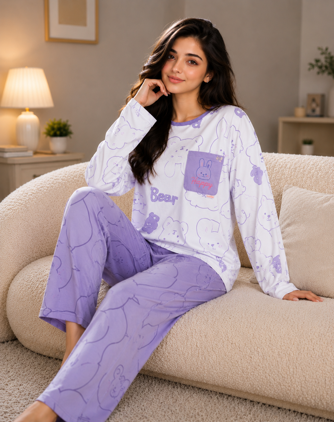 Women's Cute Bear Print Jersey Night Suit