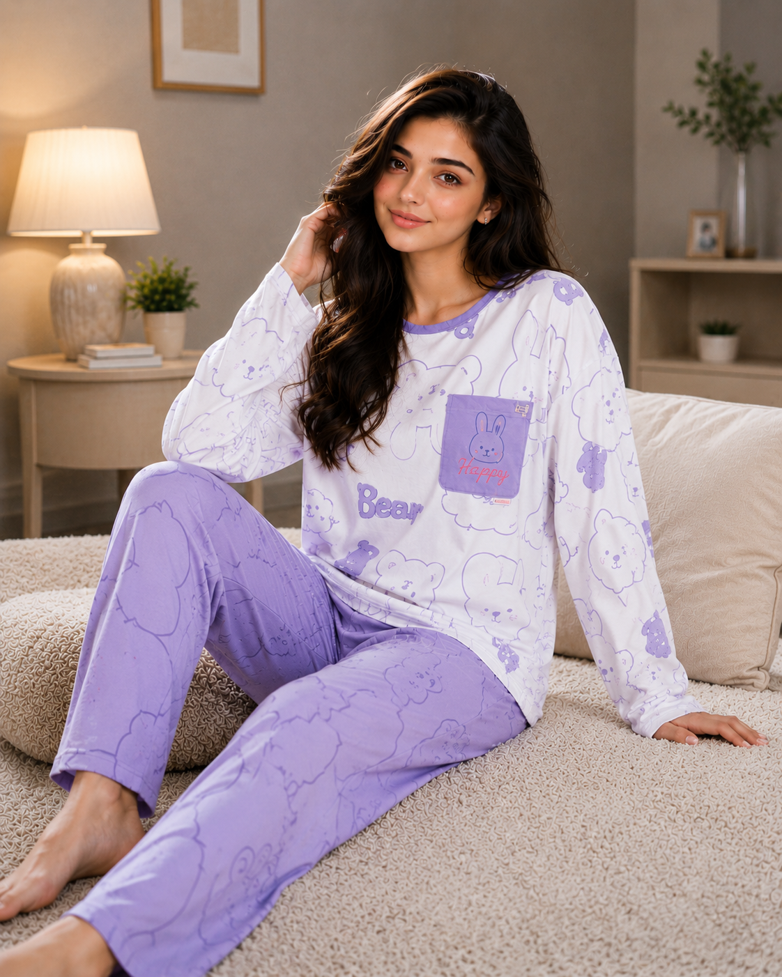 Women's Cute Bear Print Jersey Night Suit