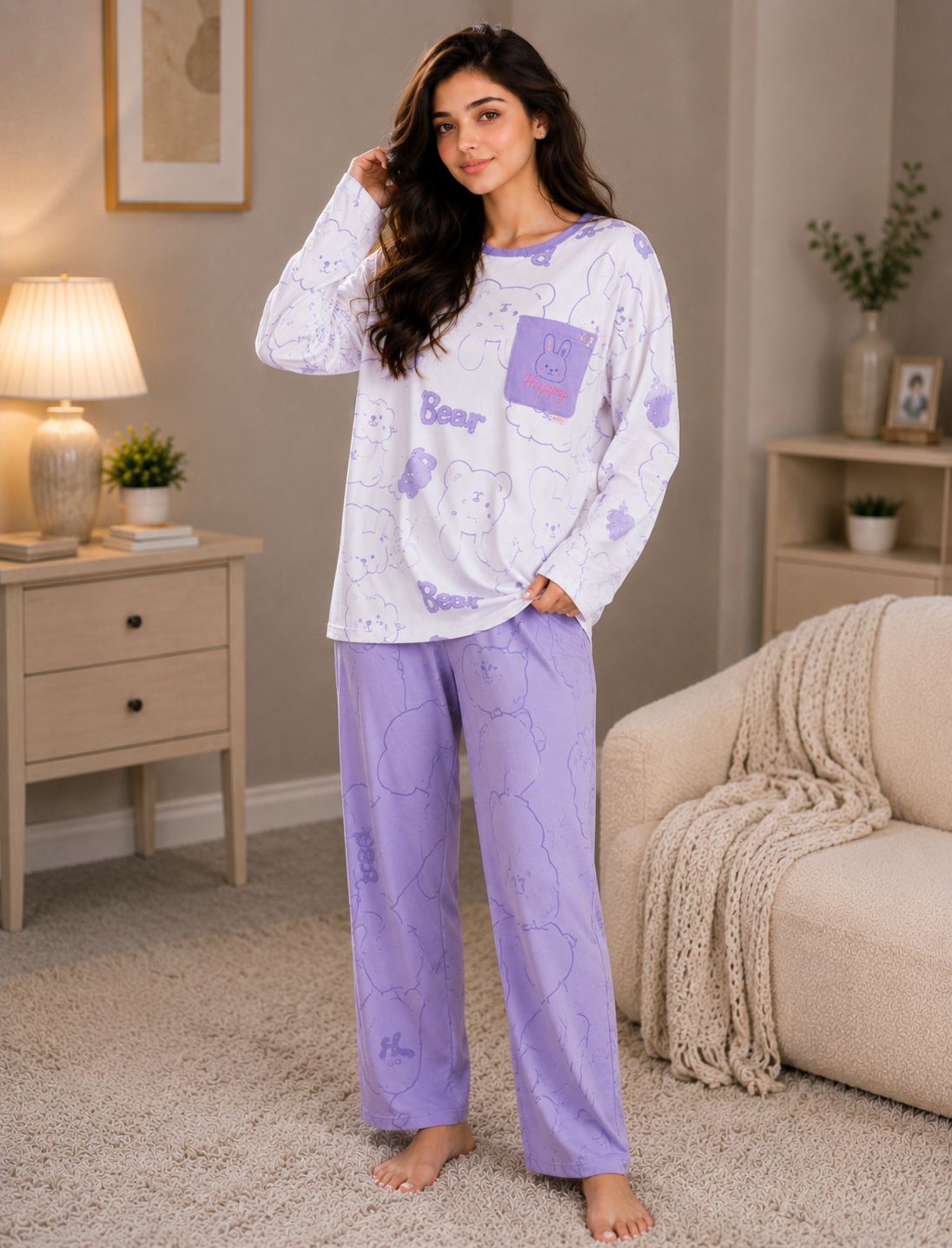 Women's Cute Bear Print Jersey Night Suit