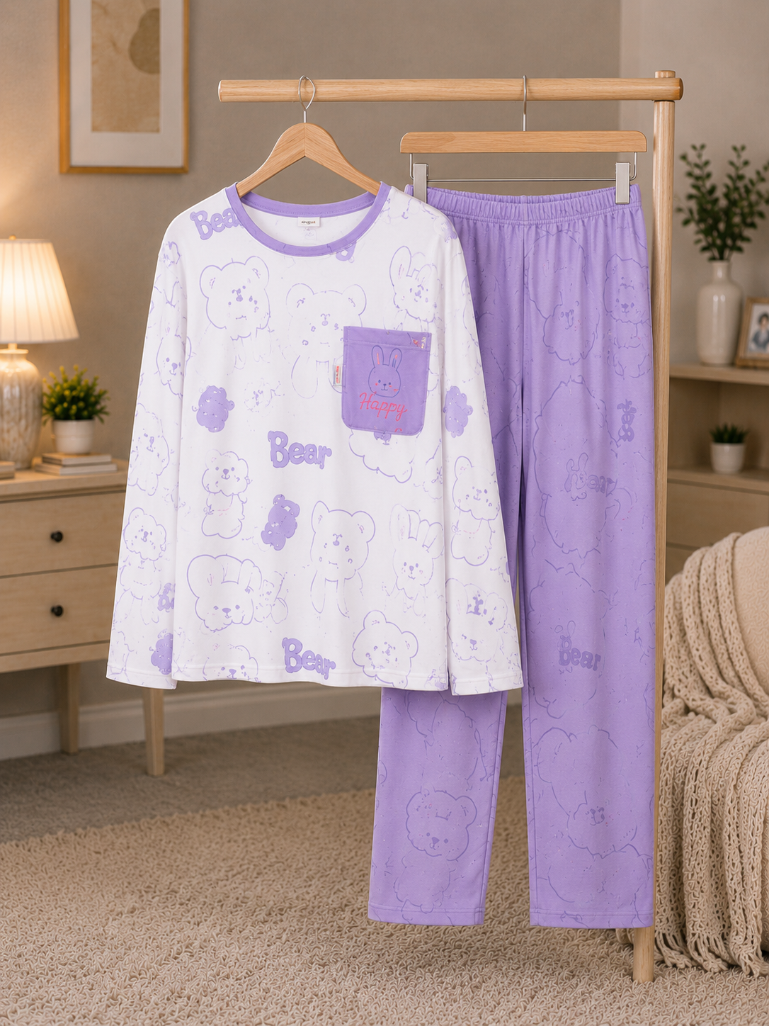 Women's Cute Bear Print Jersey Night Suit