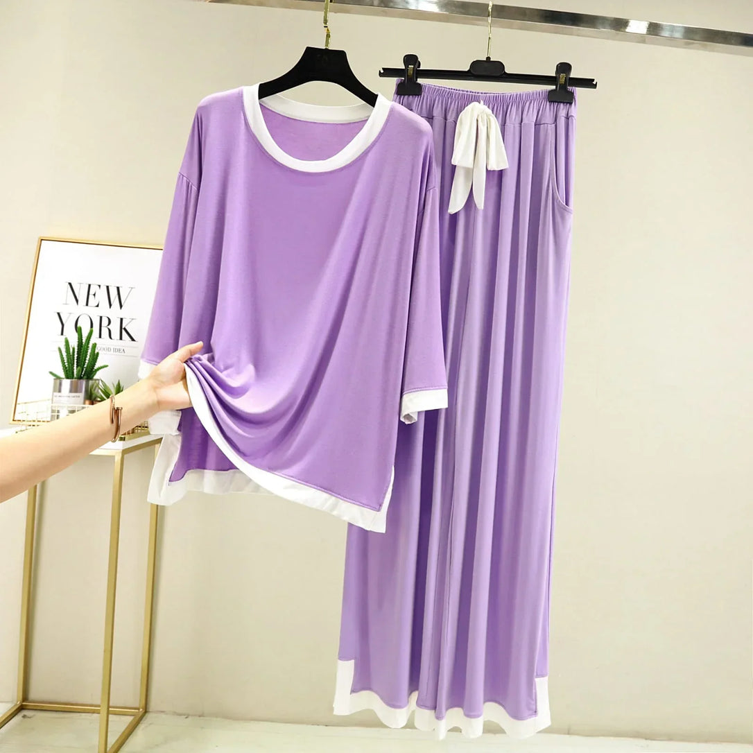 Purple Round Neck Plazo Night Suit