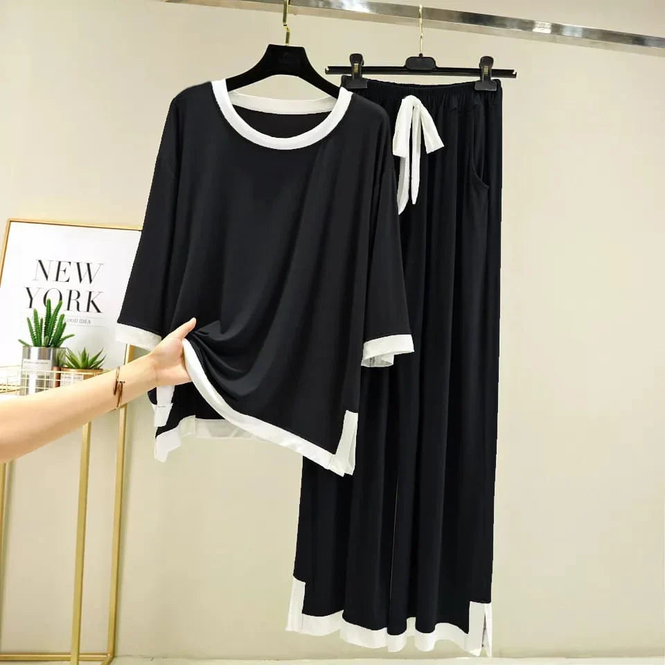 Black Round Neck Plazo Night Suit