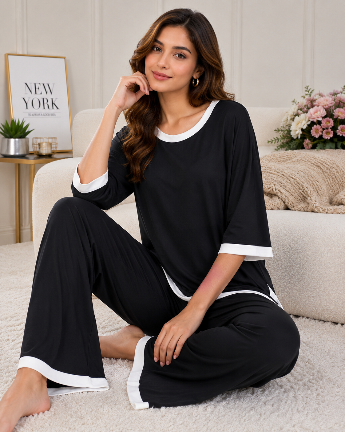 Black Round Neck Plazo Night Suit