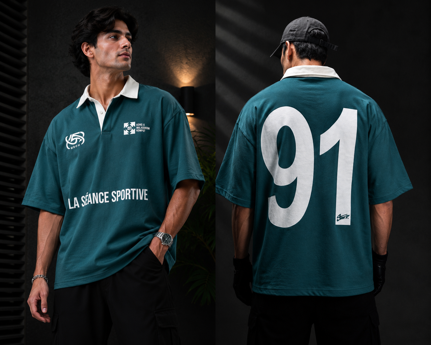 Genz Oversized Drop Shoulder Polo Shirt - Teal
