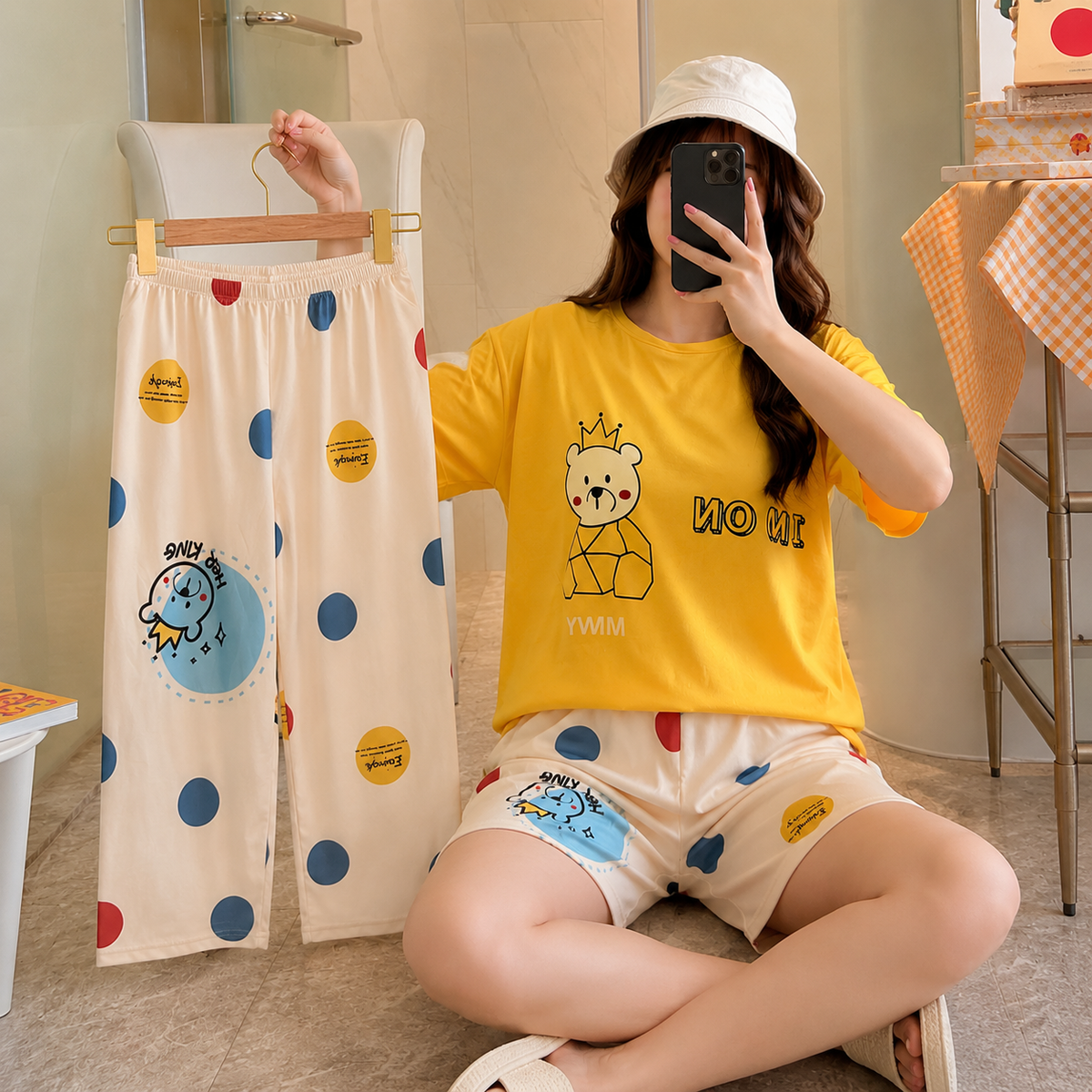 Women's 3 Piece Cartoon Bear Nightwear Set