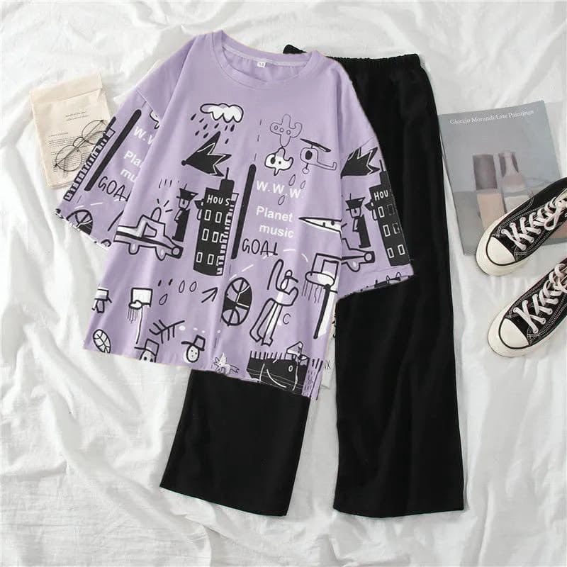 Women's Oversized Graphic Printed T-Shirt & Black Trouser Co-Ord Set