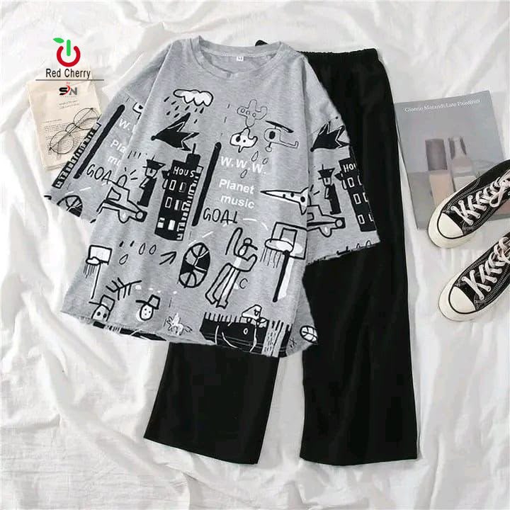 Women's Oversized Graphic Printed T-Shirt & Black Trouser Co-Ord Set