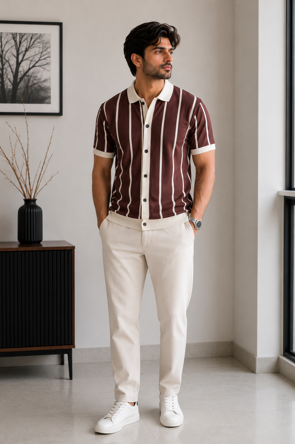 Men's Premium Vertical Striped Knit Polo Shirt - White