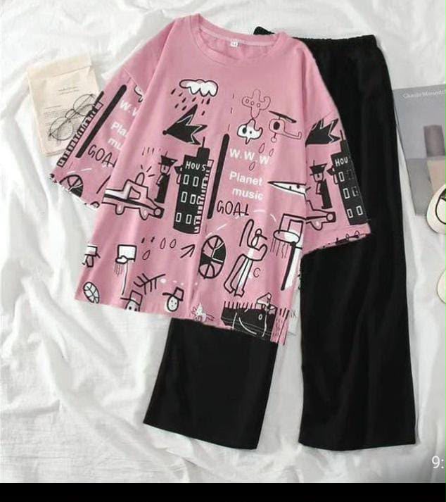 Women's Oversized Graphic Printed T-Shirt & Black Trouser Co-Ord Set