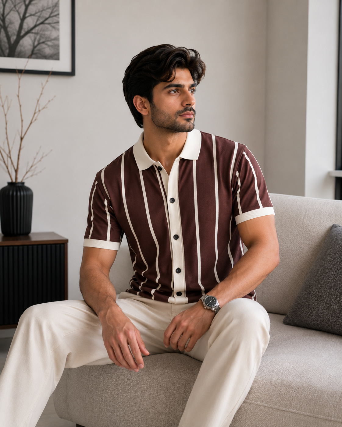 Men's Premium Vertical Striped Knit Polo Shirt - Maroon