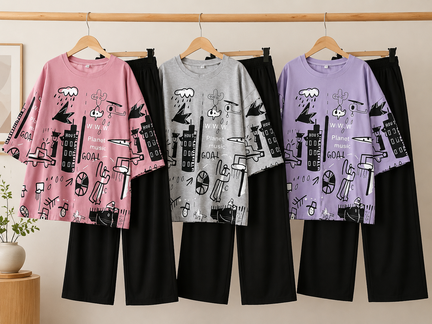 Women's Oversized Graphic Printed T-Shirt & Black Trouser Co-Ord Set