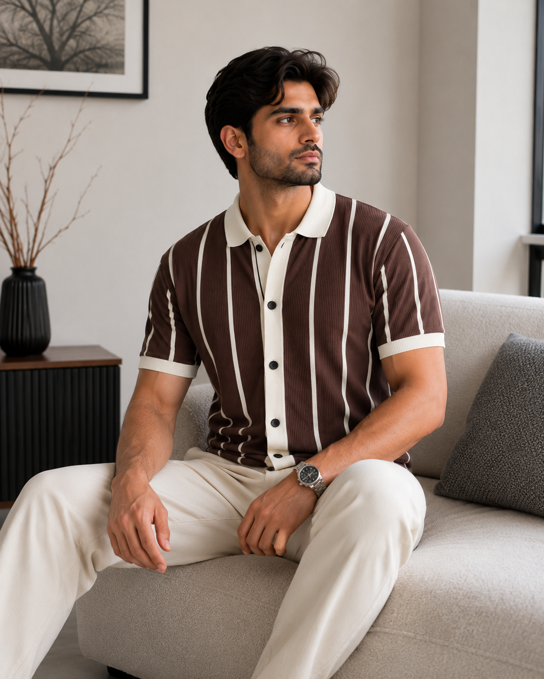 Men's Premium Vertical Striped Knit Polo Shirt - White