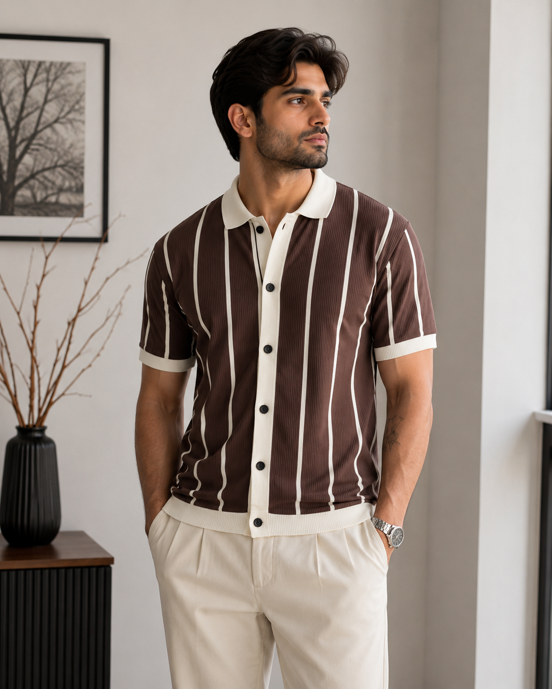 Men's Premium Vertical Striped Knit Polo Shirt - White