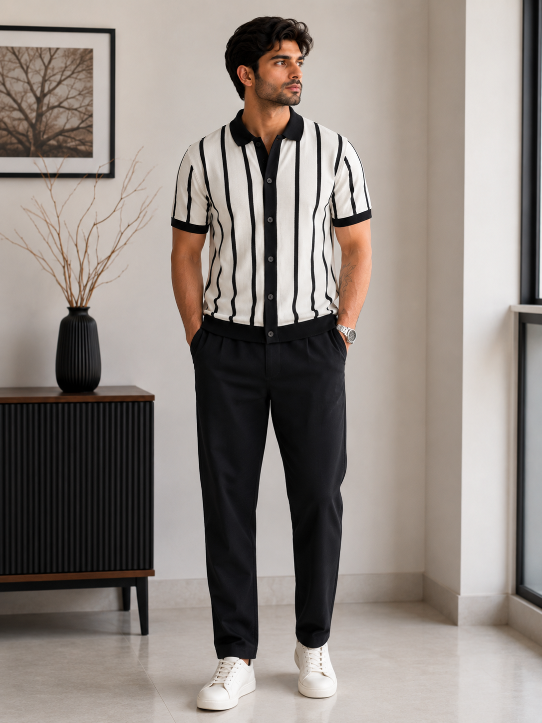 Men's Premium Vertical Striped Knit Polo Shirt - White