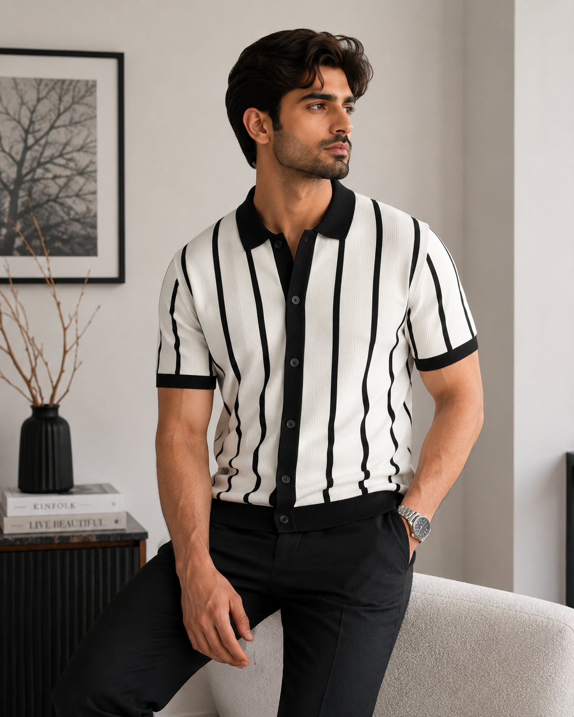 Men's Premium Vertical Striped Knit Polo Shirt - White