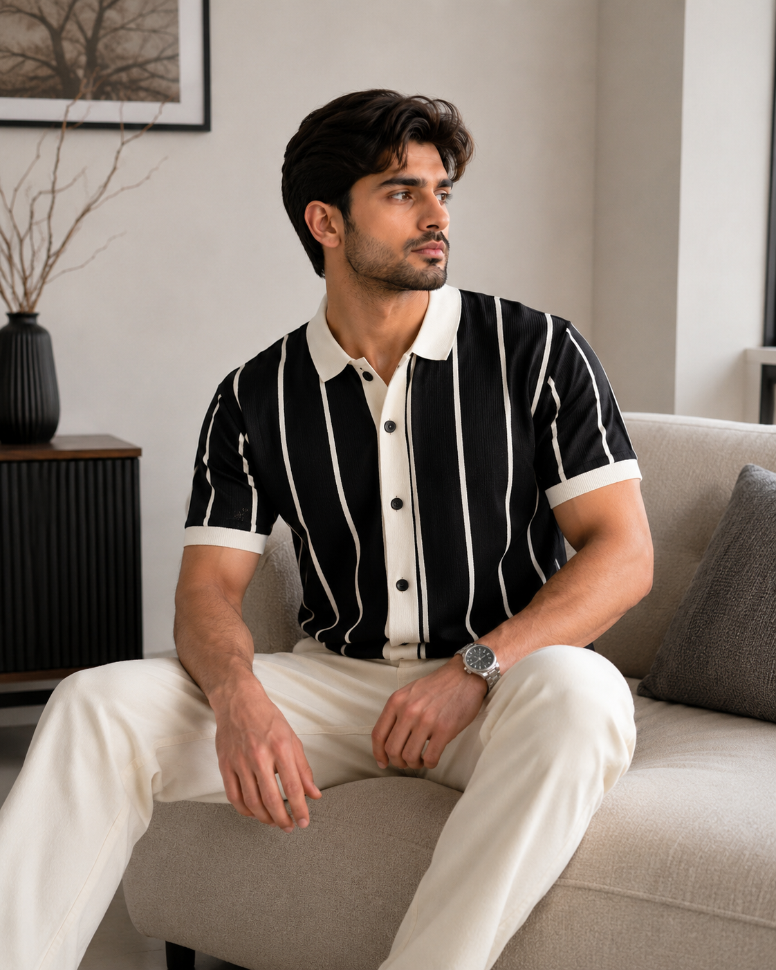 Men's Premium Vertical Striped Knit Polo Shirt - White