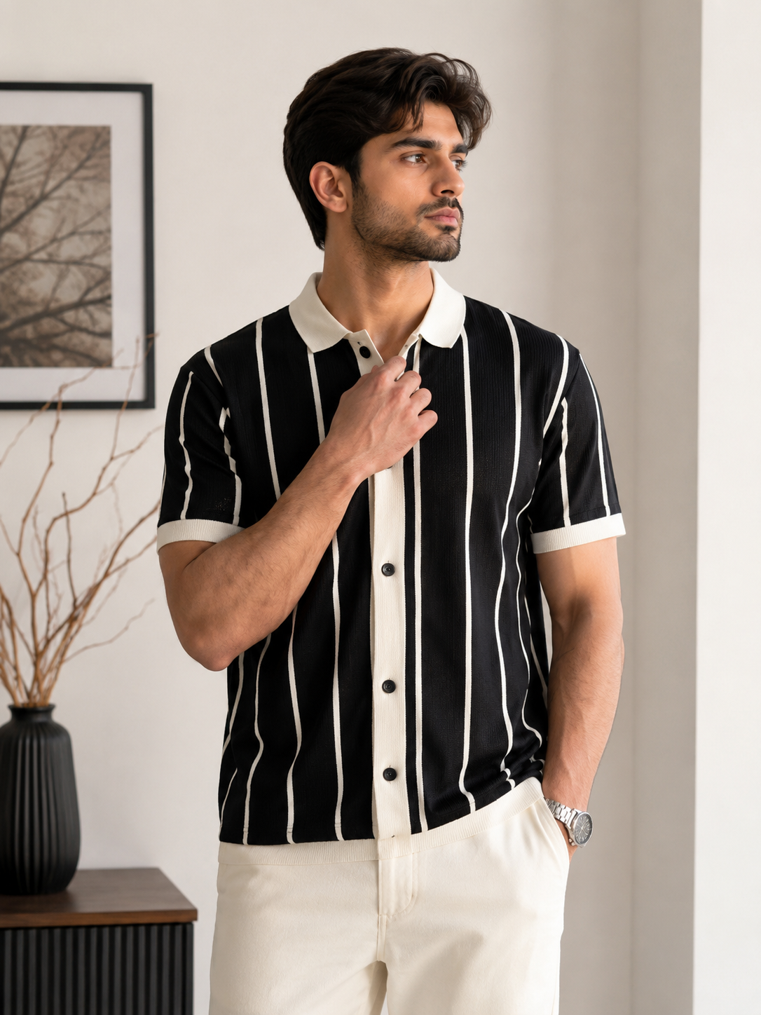 Men's Premium Vertical Striped Knit Polo Shirt - White