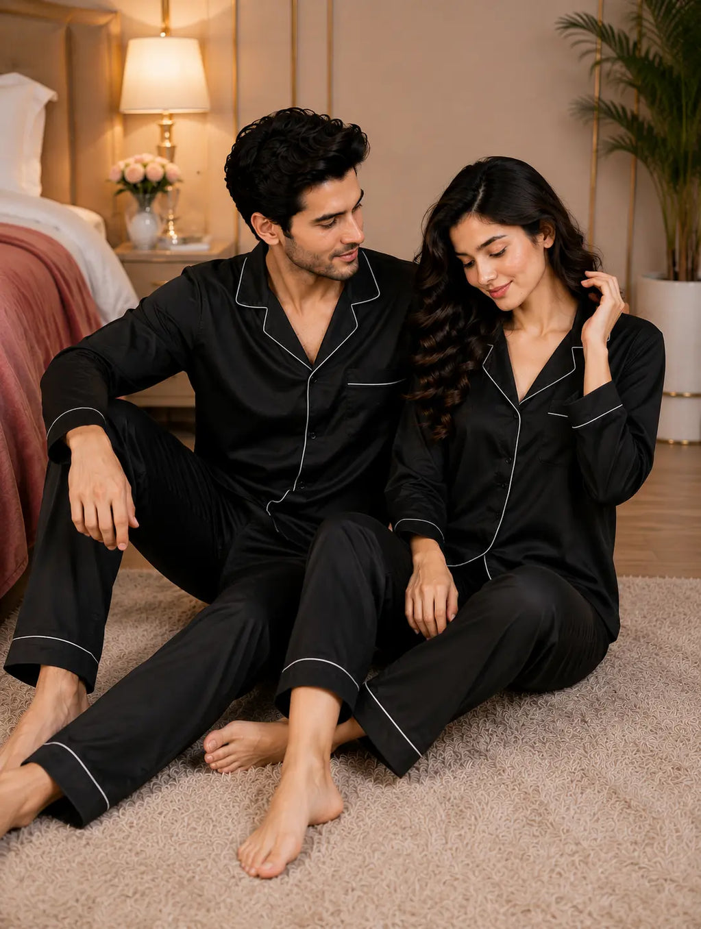 Couple’s Premium Silk Pajama Set - Black
