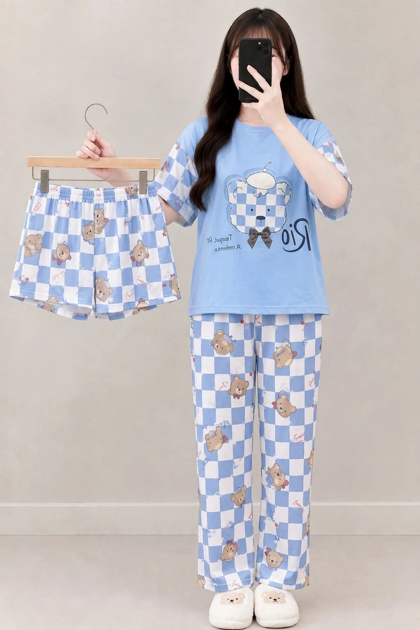 3 Piece Blue Teddy Bear Imported Nightwear Set