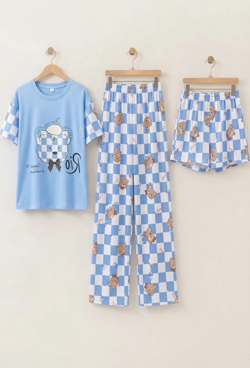 3 Piece Blue Teddy Bear Imported Nightwear Set