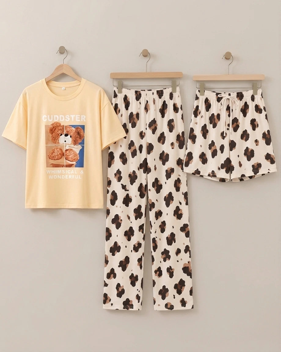 3 Piece Brown Teddy Imported Nightwear Set
