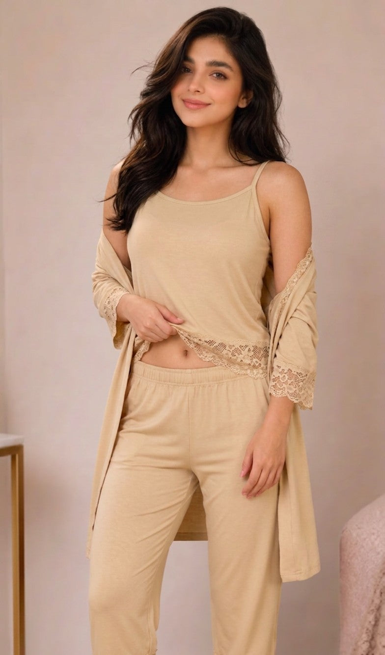 Women’s Premium 3-Piece Sleepwear Set - Champagne Beige