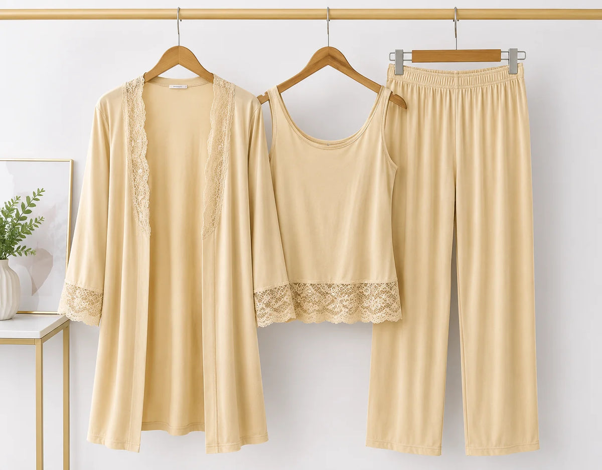 Women’s Premium 3-Piece Sleepwear Set - Champagne Beige