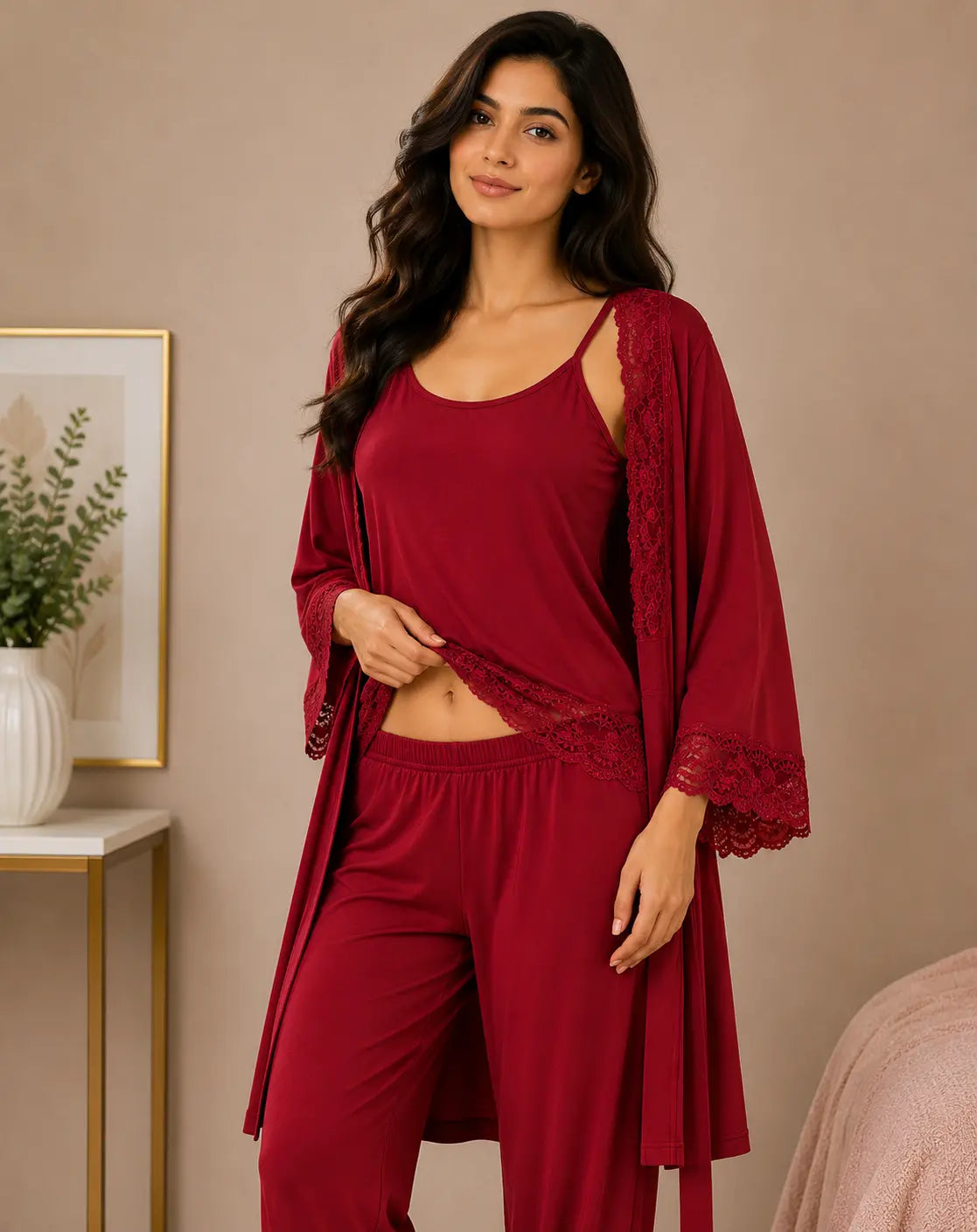 Women’s Premium 3-Piece Sleepwear Set - Red Cherry
