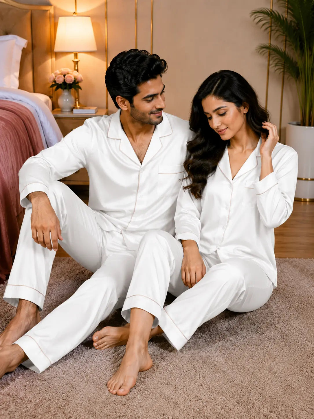 Couple’s Premium Silk Pajama Set - White