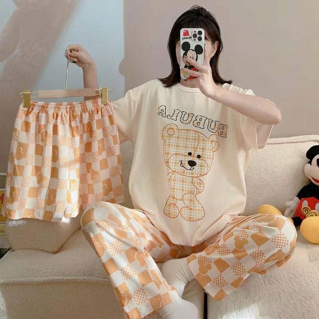 3 Piece Printed Night Suit Creamy Teddy