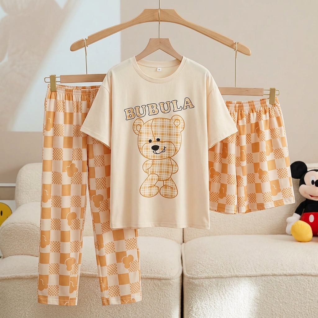 3 Piece Printed Night Suit Creamy Teddy