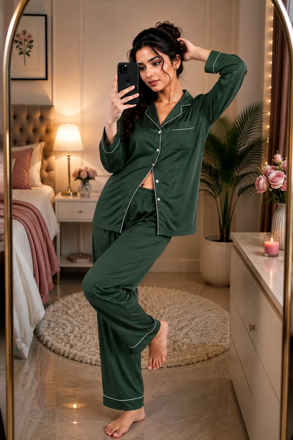 Silk Pajama Set With Scrunchie - Green