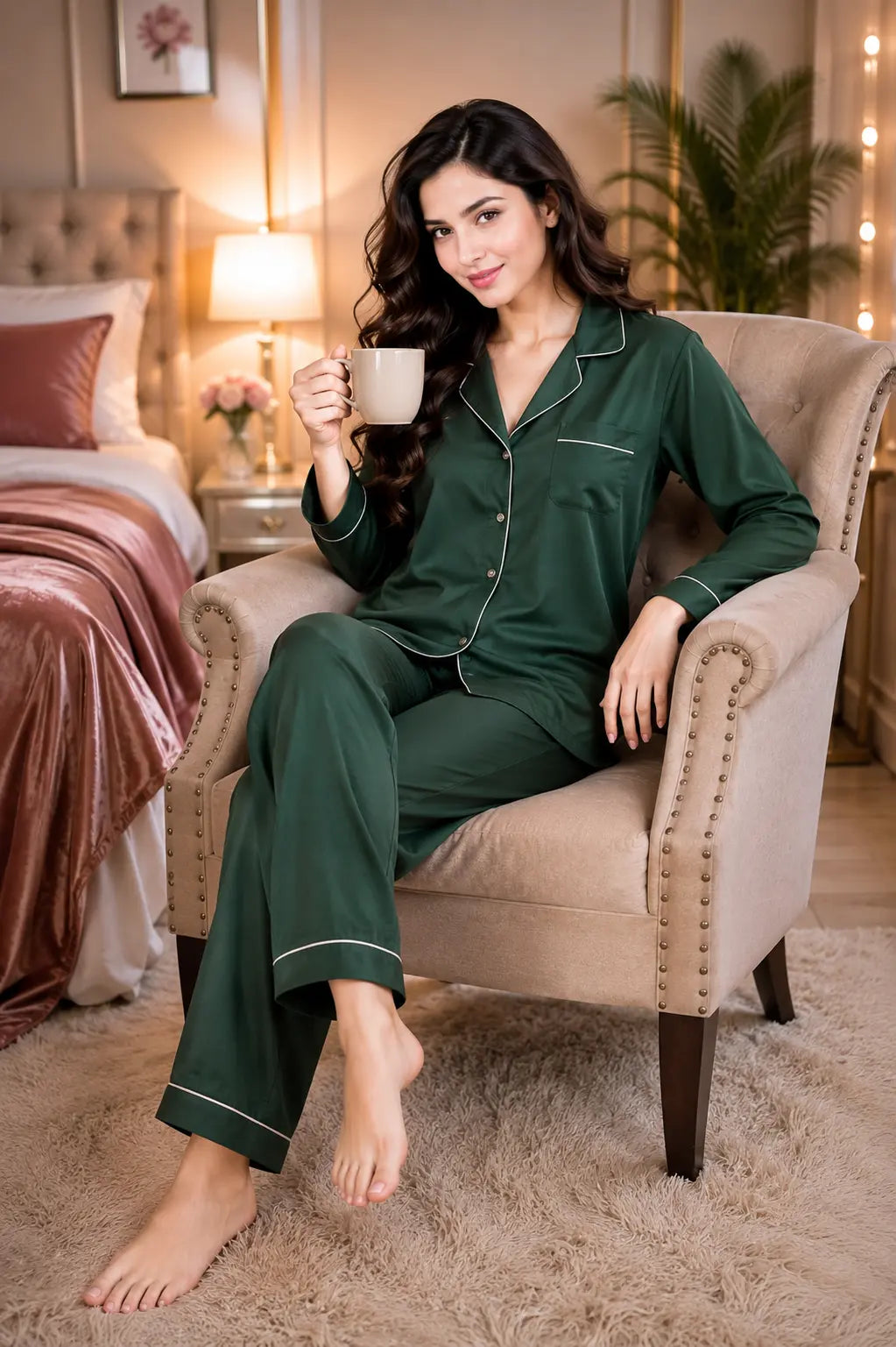 Silk Pajama Set With Scrunchie - Green