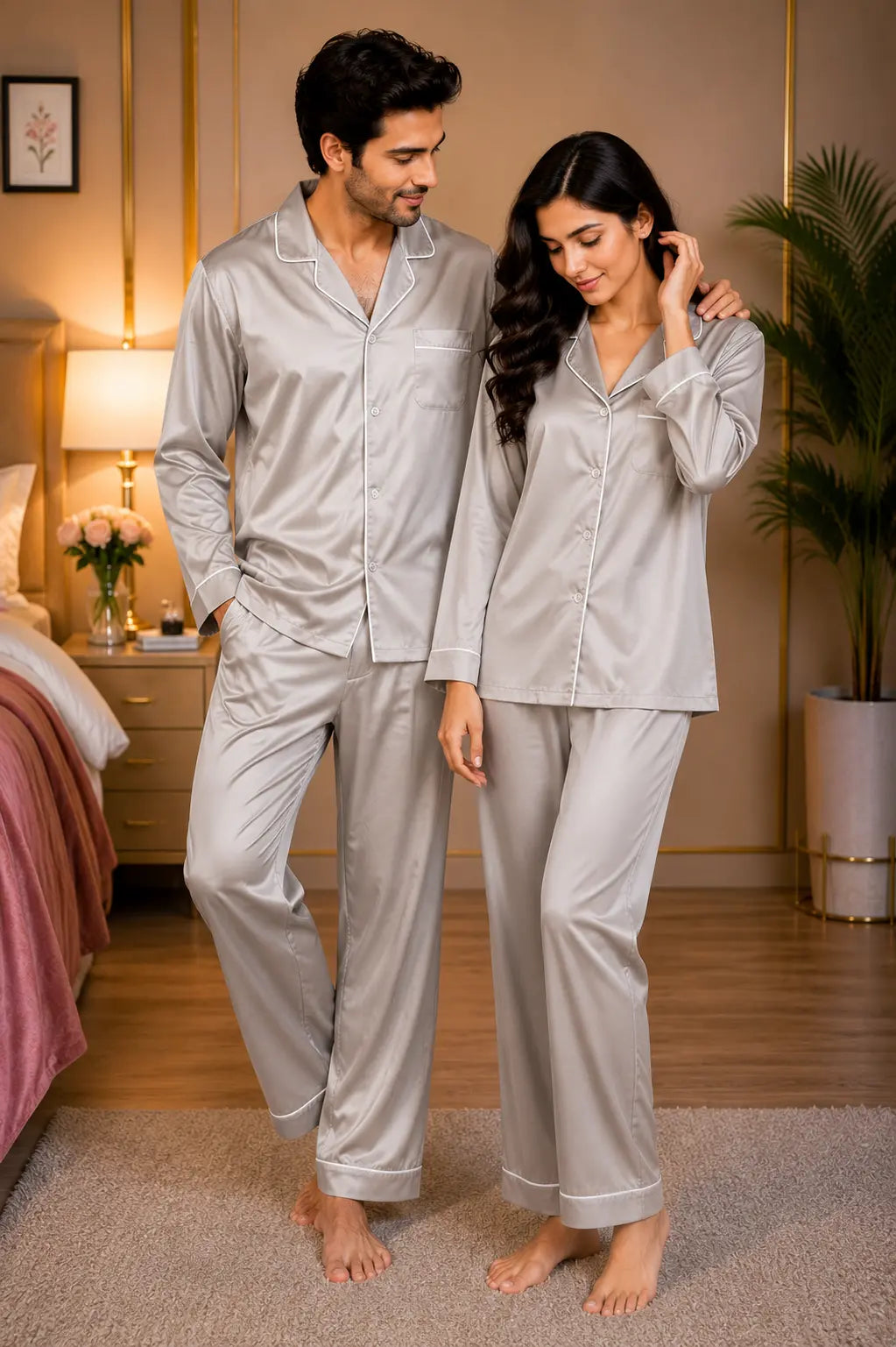 Couple’s Premium Silk Pajama Set - Grey