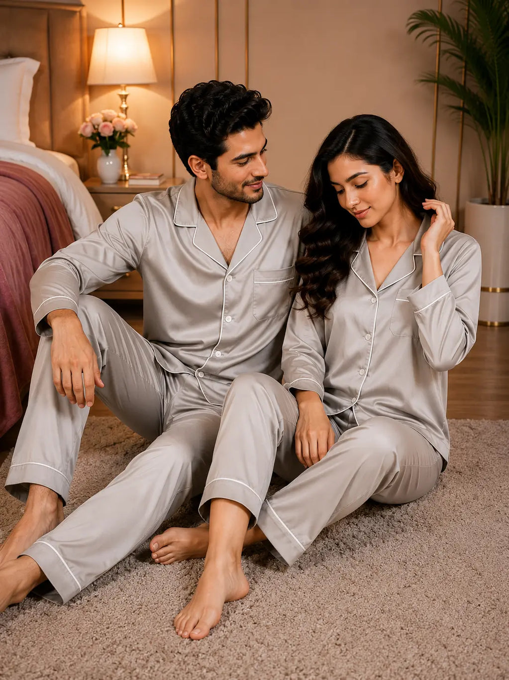 Couple’s Premium Silk Pajama Set - Grey