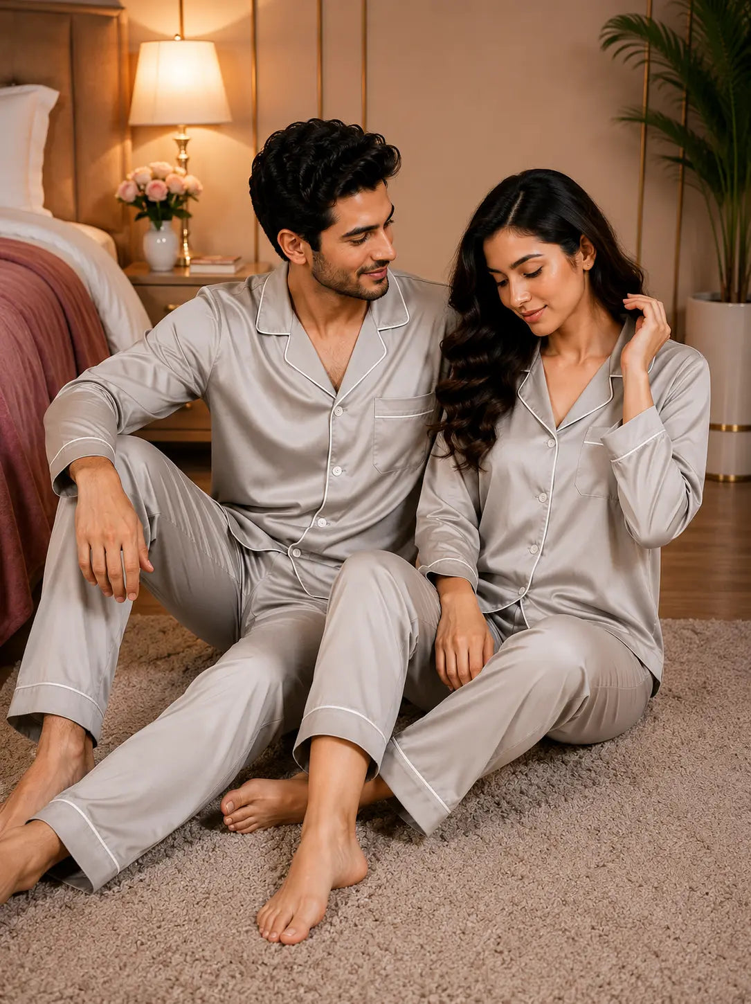 Couple’s Premium Silk Pajama Set - Grey
